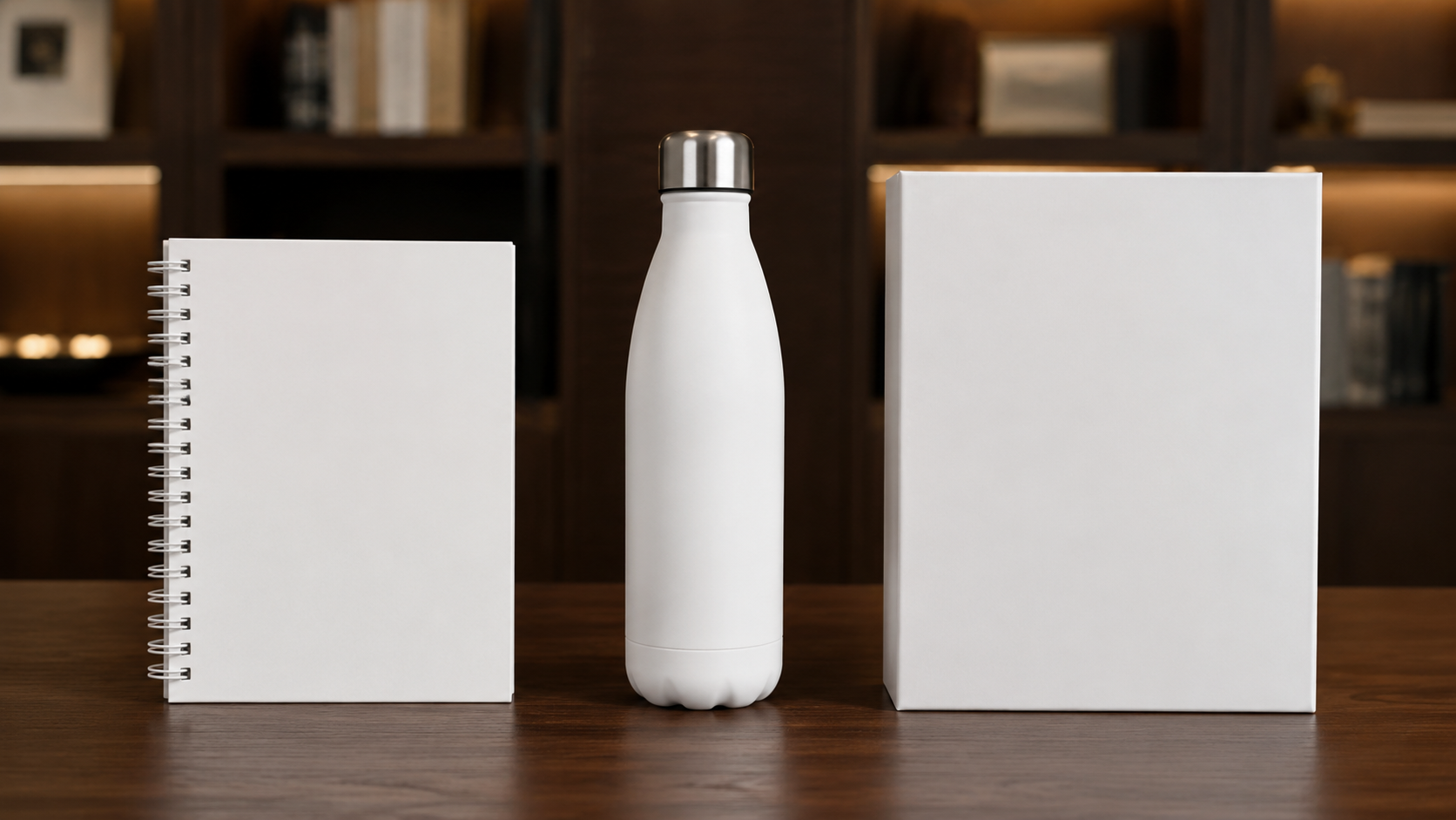 Caderno, garrafa e caixa prontos para personalização